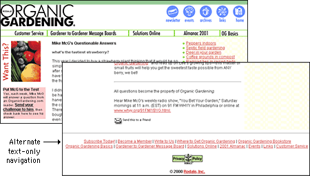 Screen shot: Alternate text links on Organic Gardening page