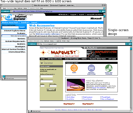 Screen shot: Wide layout Microsoft page and single-screen layout on Mapquest page