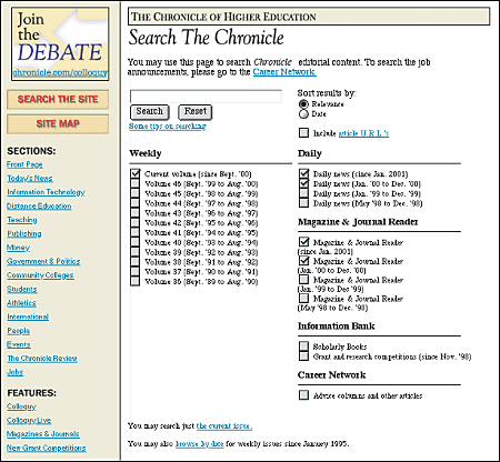 Screen shot: The Chronicle of Higher Education search page