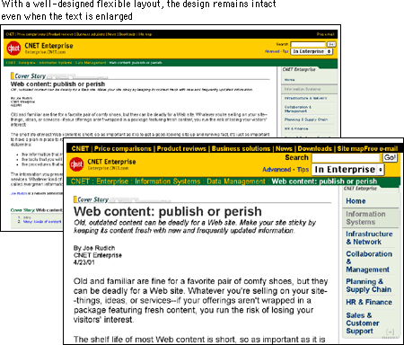 Screen shot: CNET Enterprise page with enlarged text