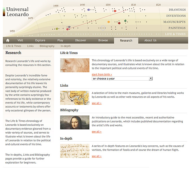 A page from the Universal Leonardo site illustrating principles of visual uniform connectness principles in the page layout and content organization.